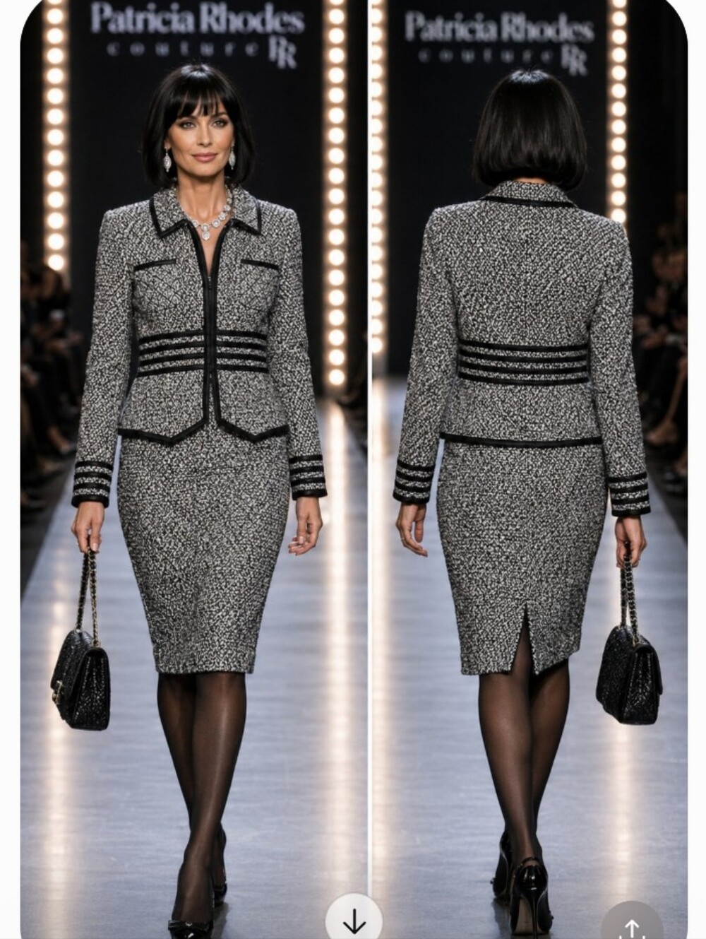 Patricia Rhodes Couture Black White Boucle Tweed Crystal Peplum skirt Suit 12 - Picture 9 of 16